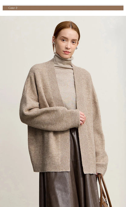 Damen V-Ausschnitt Cardigan lang Wolle-Mix offen Winter