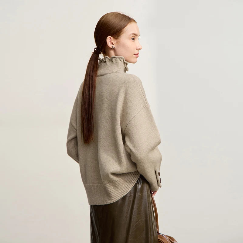 Damen-Rollkragenpullover locker Knopf Raglanärmel Winter
