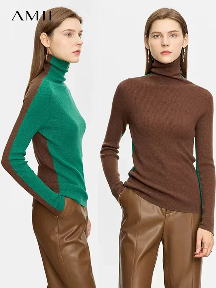 Damen-Rollkragenpullover 100 % Wolle Farbkontrast Slim Fit Frühling