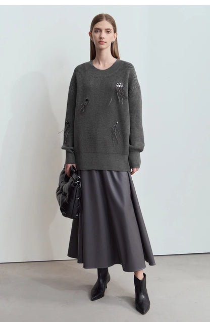 Damen-Rundhalspullover Perlen Strassapplikation locker Winter