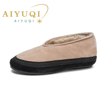 Beige Damen-Ballerinas mit Wollfutter, flachem Slip-on und schwarzer Randnaht