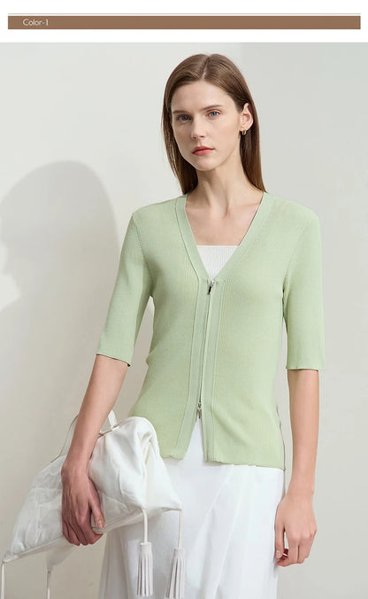 Damen V-Ausschnitt Strickjacke Slim Reißverschluss Viskose Herbst
