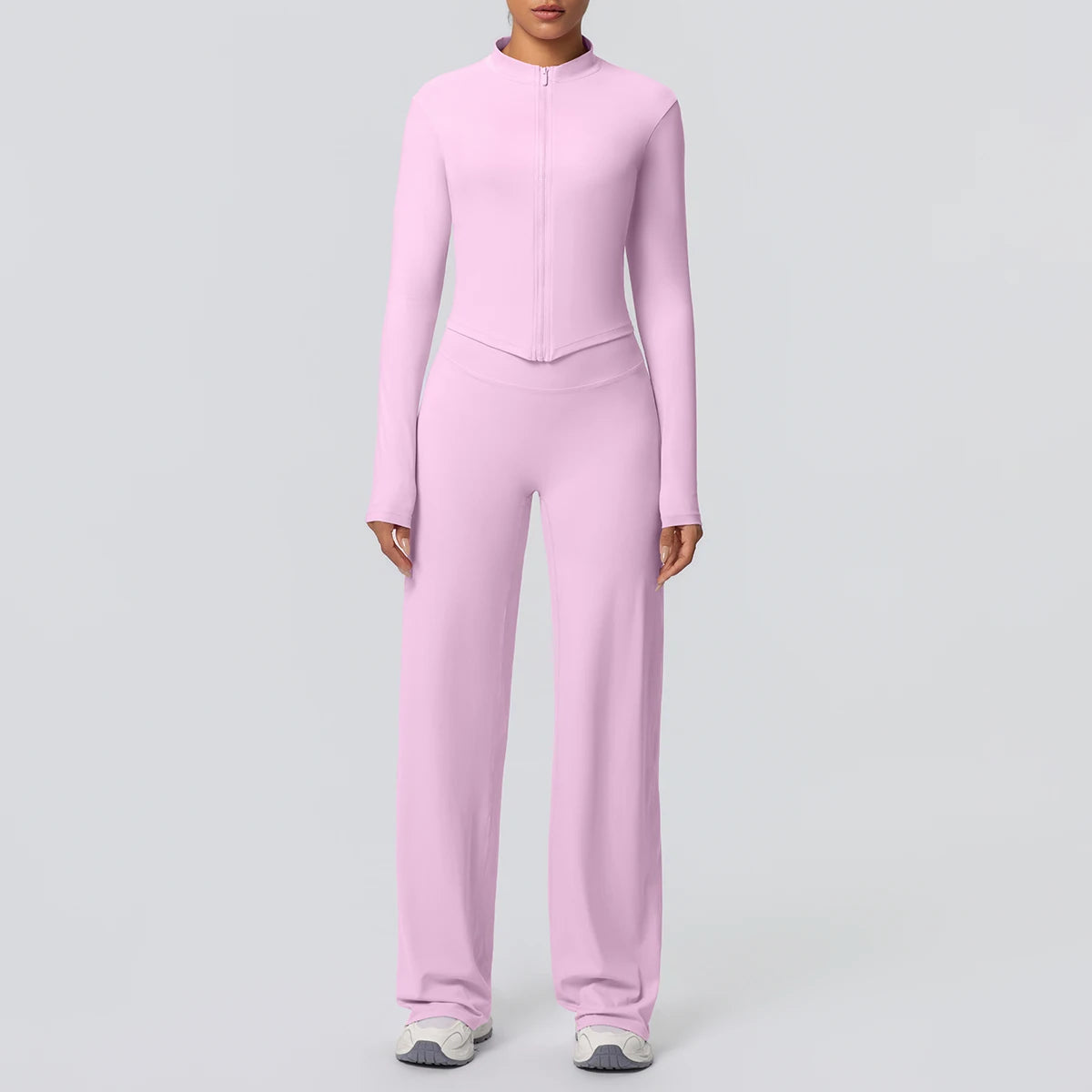 2-teiliges Yoga-Set in Rosa: Langarm-Top mit Reißverschluss und weite Yogahose