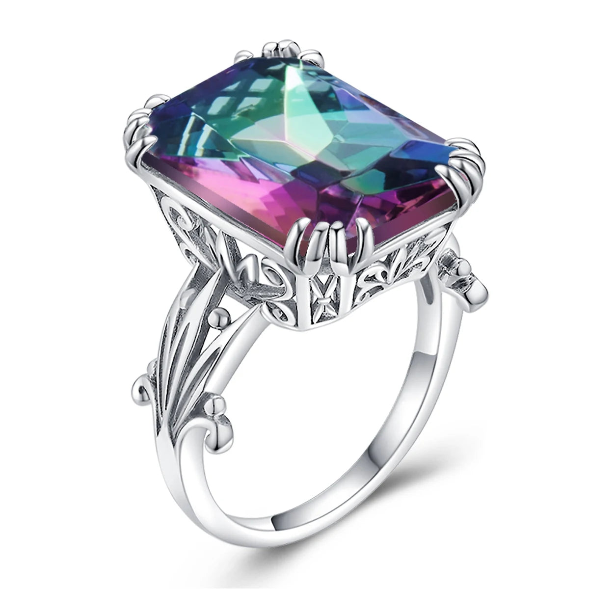 Damen-Ring aus Sterlingsilber 925 mit Regenbogen-Topas und Zirkonia, Vintage-Design, Brillantschimmer