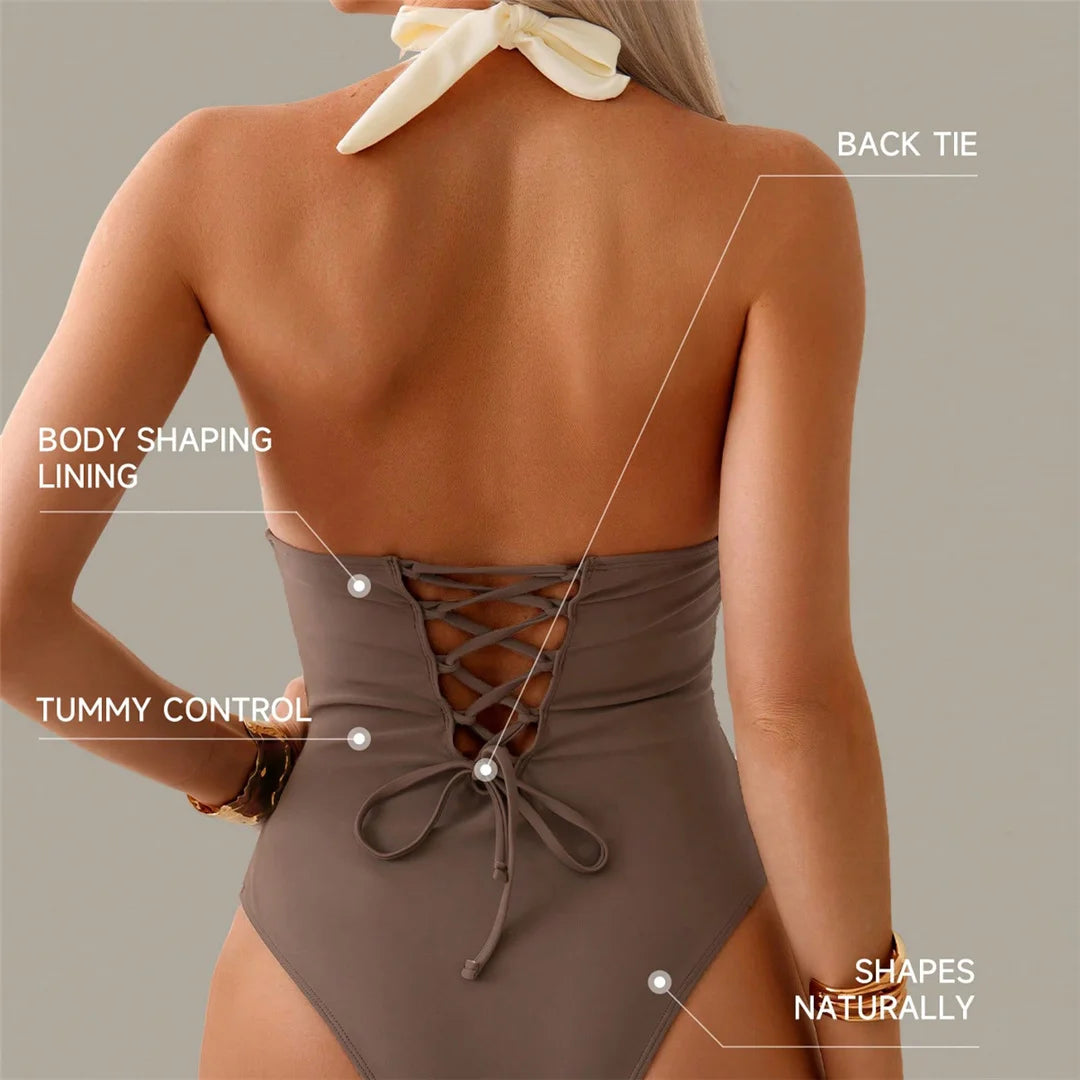 Damen Badeanzug Spleiß V-Ausschnitt rückenfrei Neckholder Monokini gepolstert
