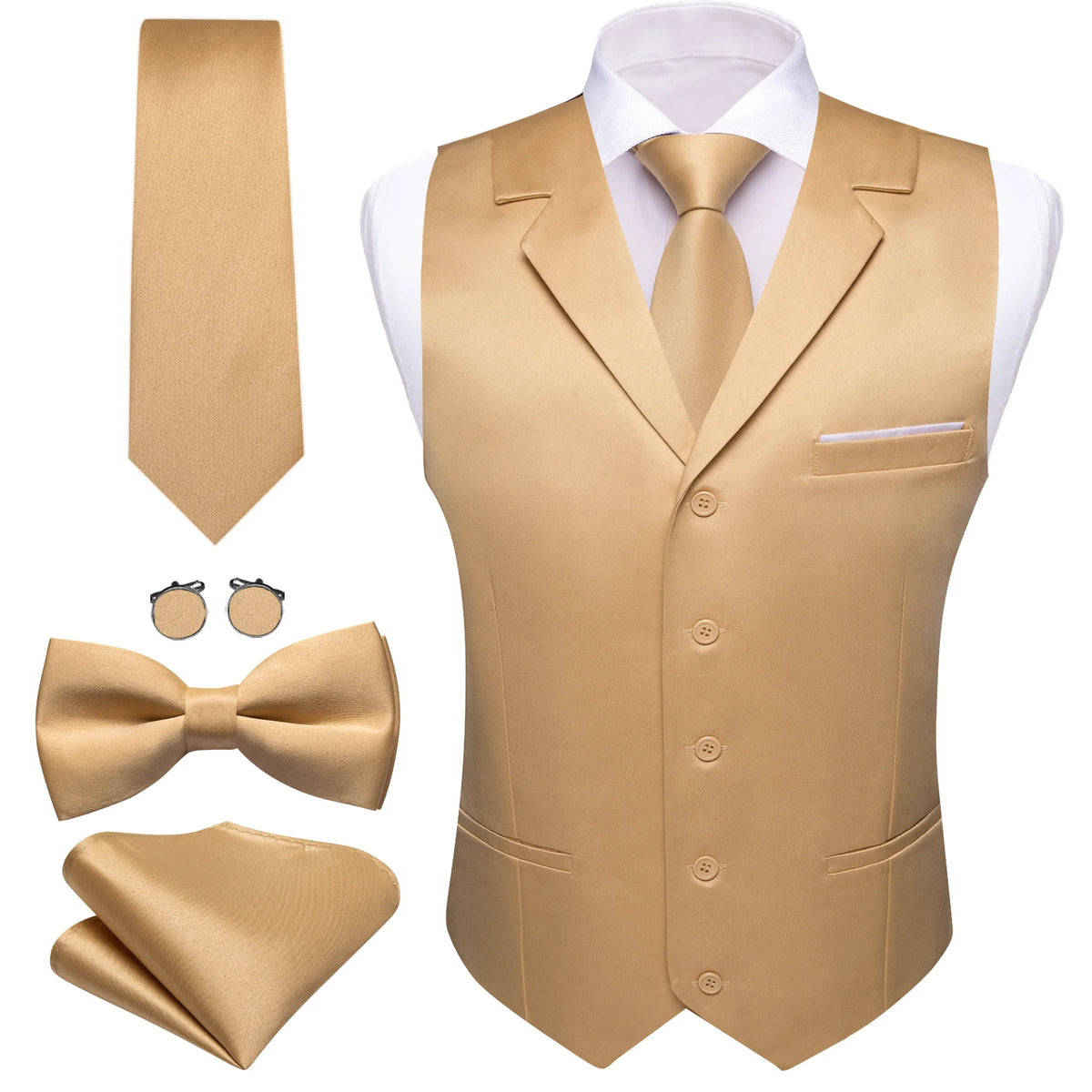 Elegantes Herren Anzugweste-Set in Beige mit Krawatte, Fliege, Einstecktuch