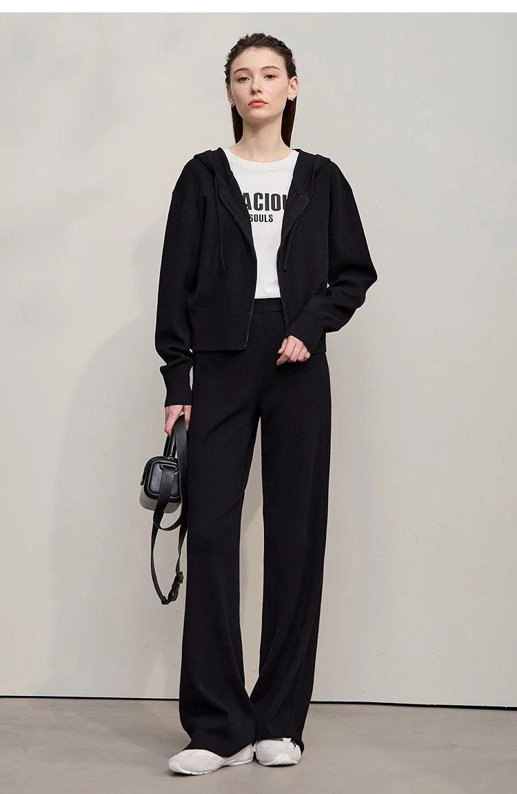 Damen-Strickjacke Kapuze Reißverschluss locker 2-teilig Set Herbst