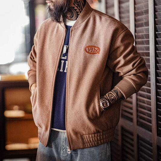 Herren Vintage Baseballjacke Wolle Kurze Jacke Reißverschluss Buchstabenstickerei