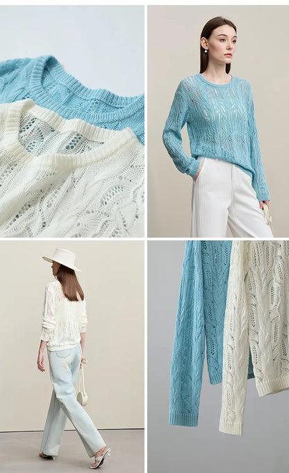 Hellblauer Damen-Strickpullover mit Rundhalsausschnitt, Langarm und Loch-/Zopfmuster