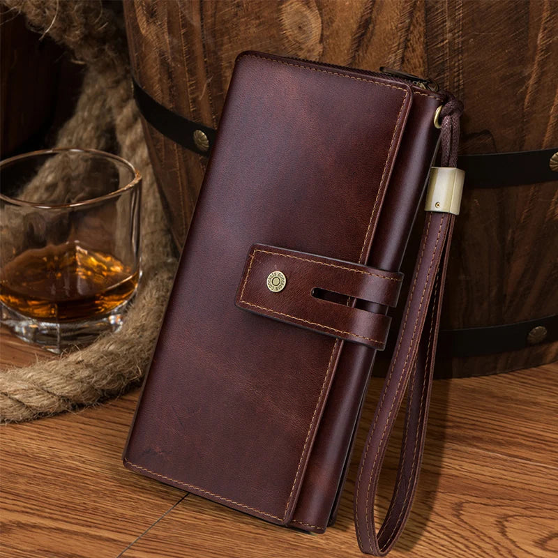 Herren Echtleder Clutch Lange Vintage Geldbörse Reißverschluss Kartenhalter Münzfach