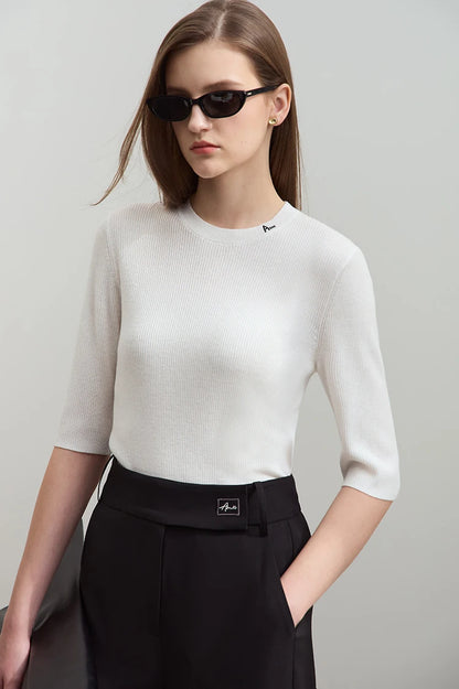 Damen-Strickpullover, offwhite, Rundhalsausschnitt, 3/4-Ärmel, AMII-Stickerei am Hals
