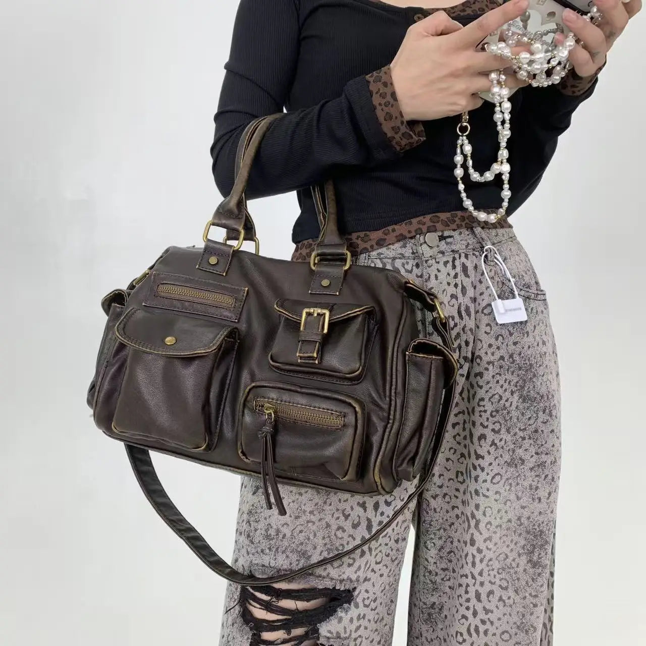 Damen-Handtasche Top-Handle aus PU-Leder mit Tassel-Design und Mehrfachfächern für Abendtaschen geeignet