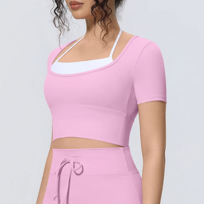 Damen Sport-T-Shirt, rosa mit Racerback-Optik und breiten weißen Kontrastkanten am Ausschnitt