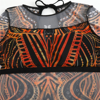 Damen-Badeanzug 3-teilig Print Langarm Sarong-Set gepolstert