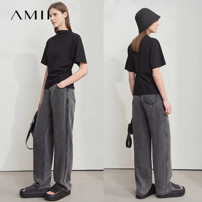 Damen T-Shirt im minimalistischen Sommer-Stil mit solidem Rollkragen und Kurzarm