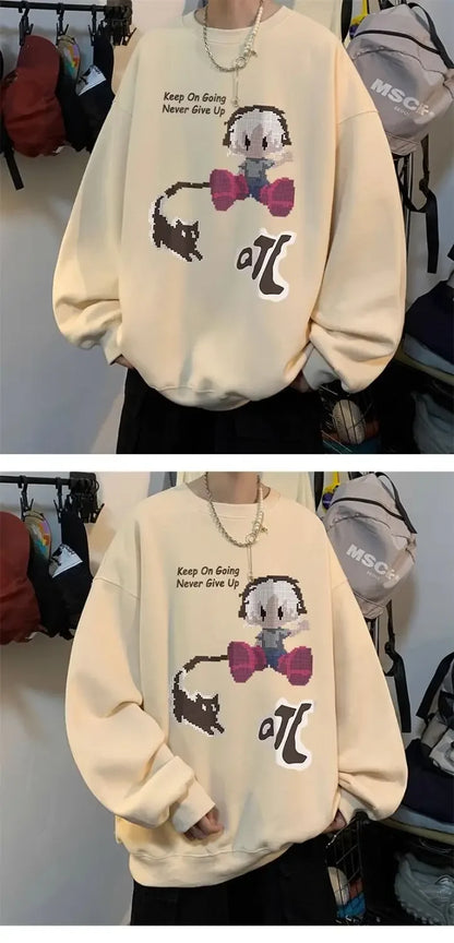 Japanischer Vintage-Pullover mit Fleece, Rundhalsausschnitt und Print – Lässiger Langarm-Hoodie für Herren im Winter.