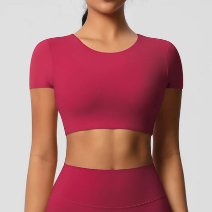 Workout-Top für Damen mit Brustpolstern, magentarot, kurzarm, eng anliegend