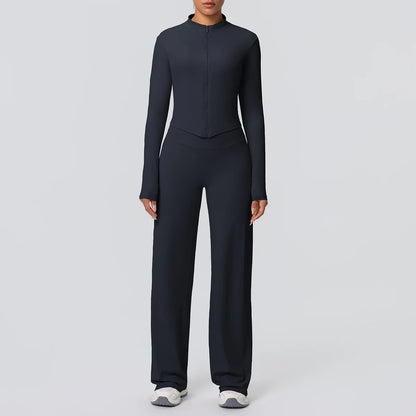 2-teiliges Yoga-Set in Schwarz: Zip-Top mit langen Ärmeln und weite Hose