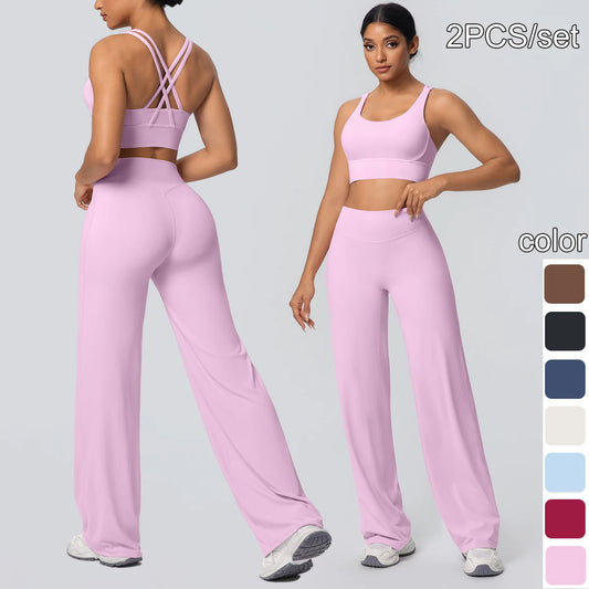 Damen-Sportset in Flieder, Kreuz-BH mit X-Riemen und weite Hose im Set
