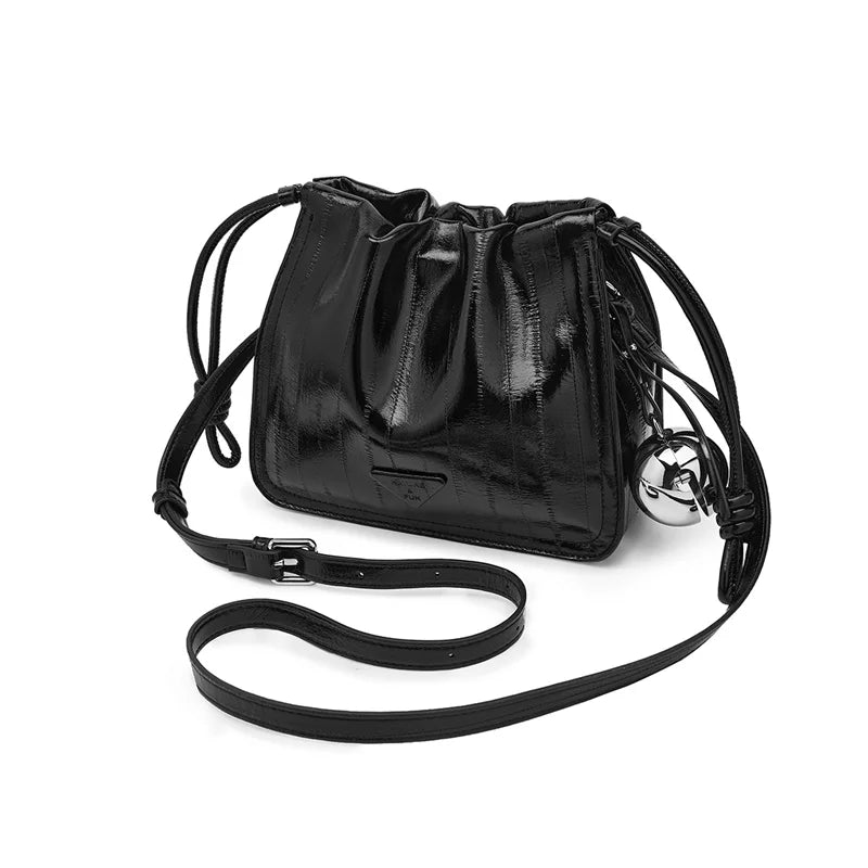 Damen Schultertasche Aus Synthetischem Leder+Split-Leder Mit Kordelzug