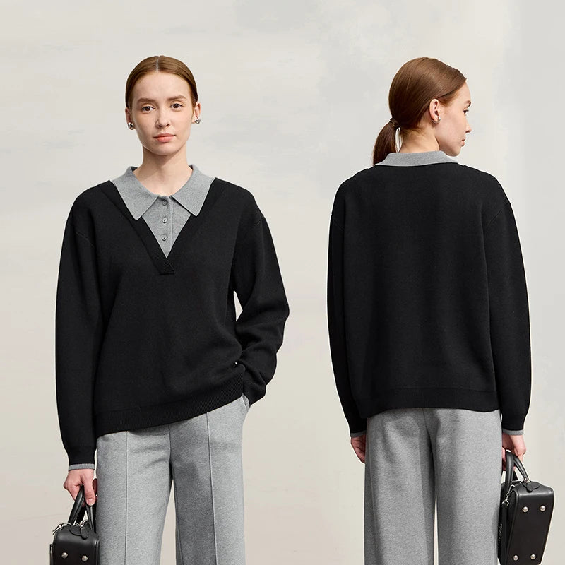 Damenpullover mit langem Ärmel, V-Ausschnitt und grauem Kragen, schwarz