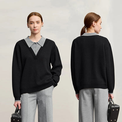 Damenpullover mit langem Ärmel, V-Ausschnitt und grauem Kragen, schwarz
