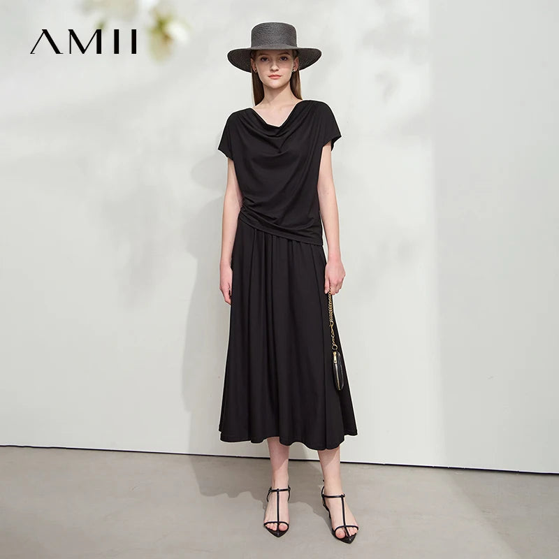 Damen T-Shirt-Rock Set mit solidem Swing-Kragen für den Sommer