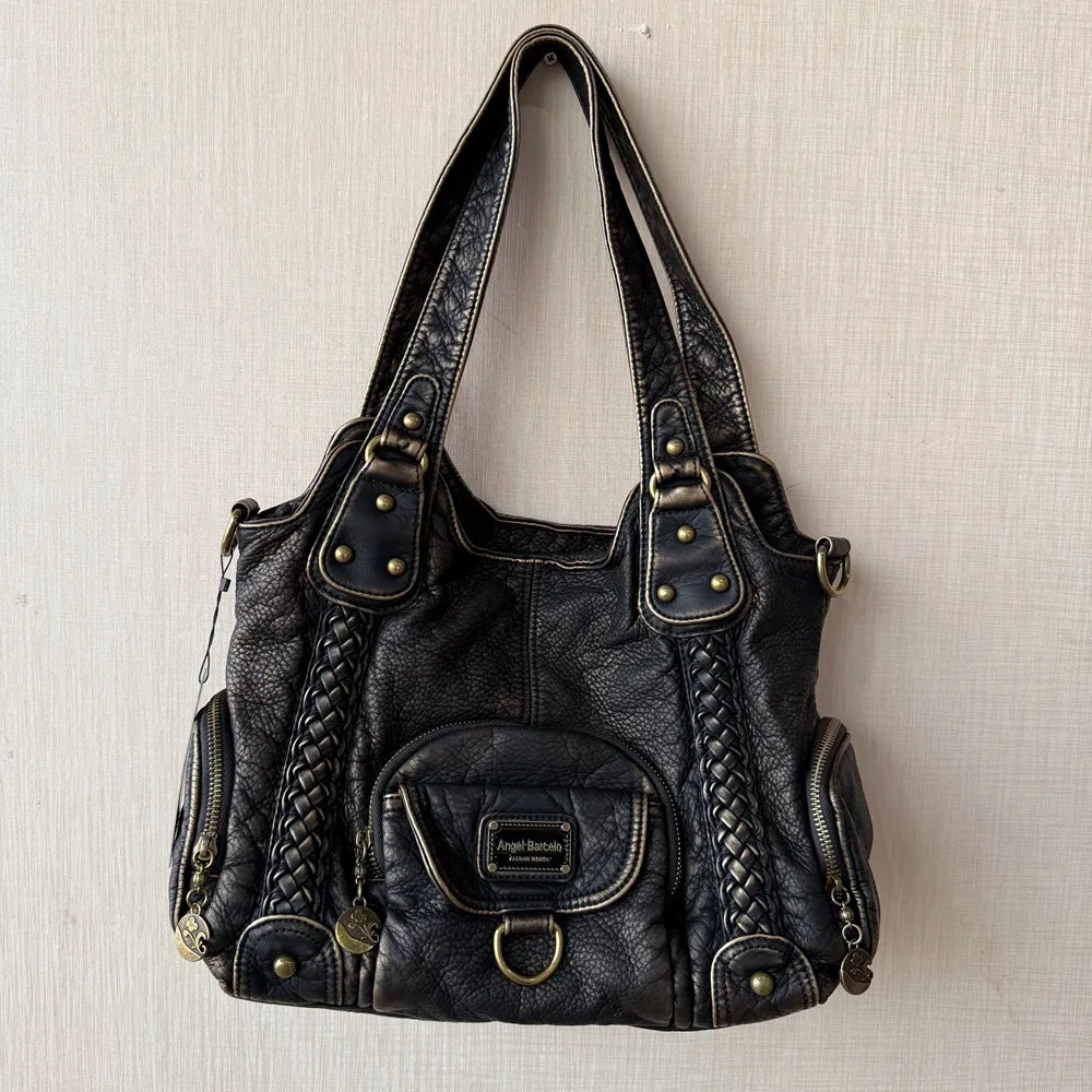 Damen Große Henkeltasche Aus Leder Mit Geflochtenen Details In Retro Waschoptik Groß
