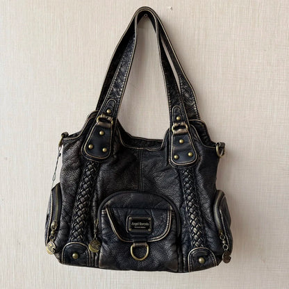Damen Große Henkeltasche Aus Leder Mit Geflochtenen Details In Retro Waschoptik Groß