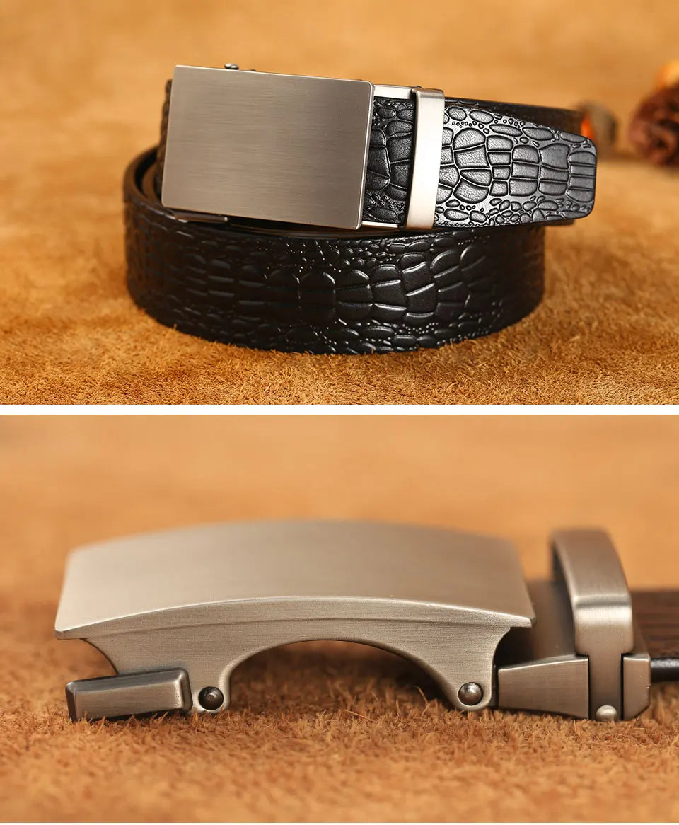 Herren Echtleder-Gürtel Krokodilmuster 3,5 cm Automatik-Schnalle Luxus Rindsleder