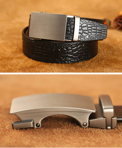 Herren Echtleder-Gürtel Krokodilmuster 3,5 cm Automatik-Schnalle Luxus Rindsleder