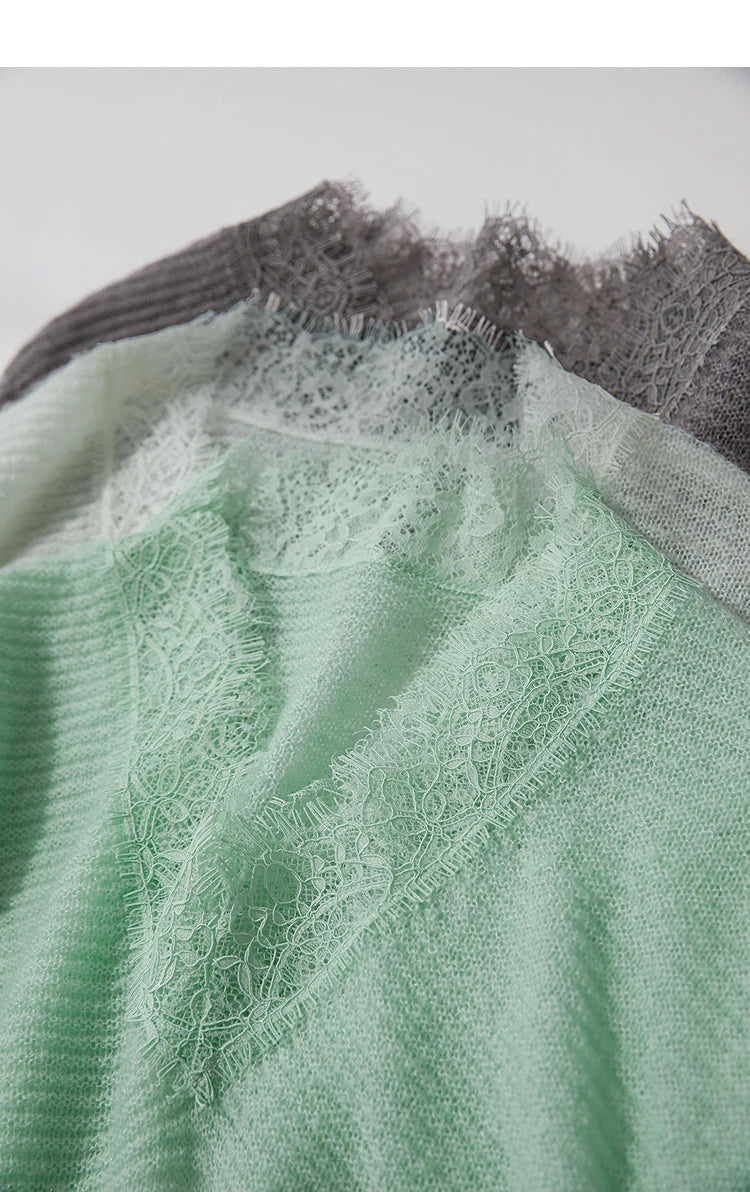 Damen V-Ausschnitt Pullover Mohair Spitze locker mittellang Frühling
