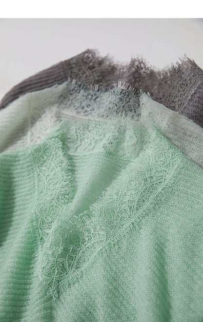 Damen V-Ausschnitt Pullover Mohair Spitze locker mittellang Frühling