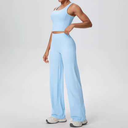 Schnelltrocknendes Yoga-Set mit cropped Tanktop und Schlaghose, Himmelblau