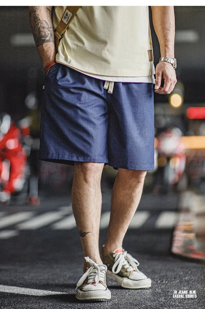 Herren Shorts im Retro-Stil aus gewaschenem Denim mit elastischem Bund und Kordelzug