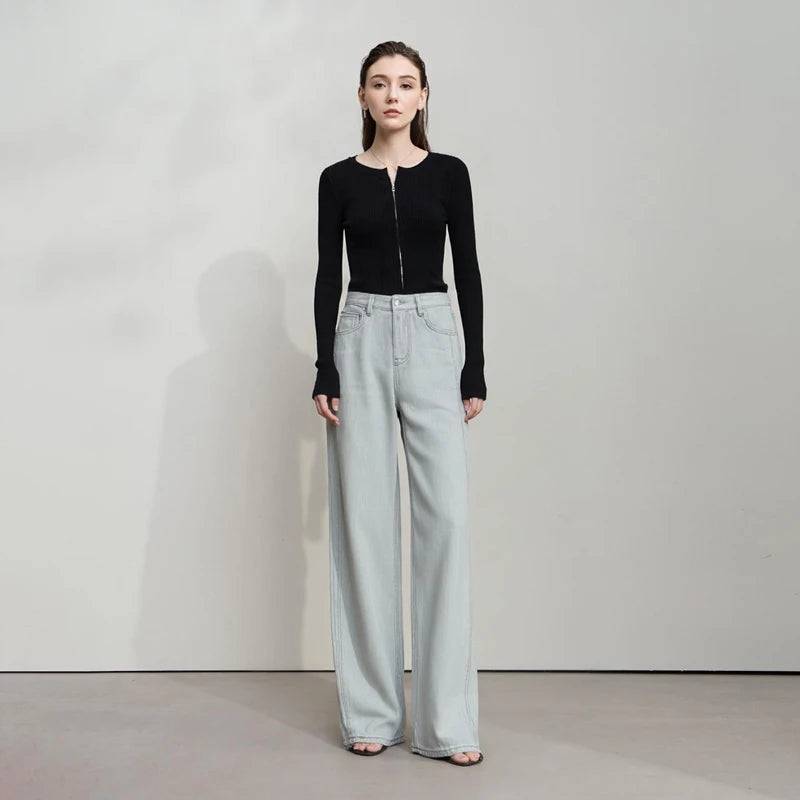 Damen-Rundhals-Cardigan Slim Doppelreißverschluss Viskose Frühling