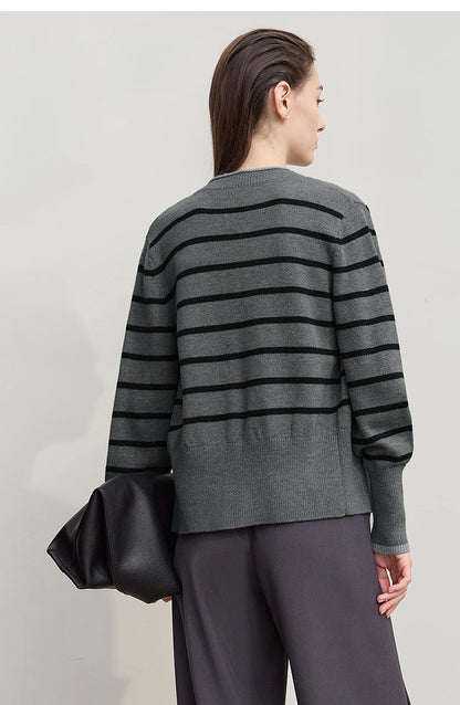 Damen-Strickjacke Streifen V-Ausschnitt locker Wolle Herbst-Winter