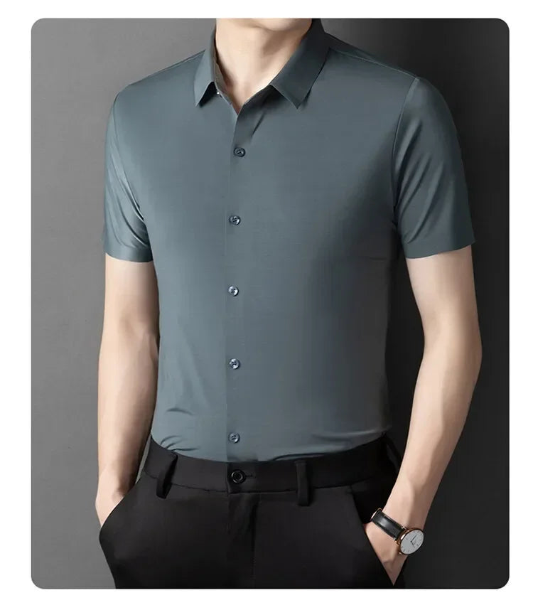 Herren-Hemd mit Vier-Wege-Stretch, Farbblock-Diamantmuster und Knopfleiste – ideal für Business-Casual und formelle Anlässe.