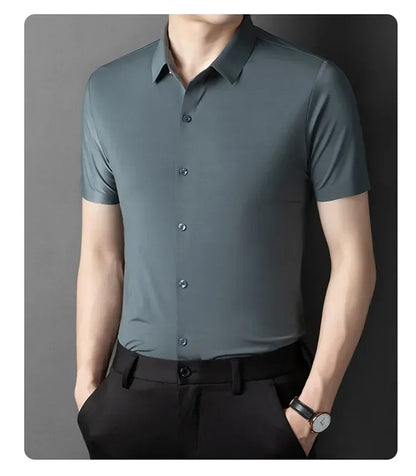 Herren-Hemd mit Vier-Wege-Stretch, Farbblock-Diamantmuster und Knopfleiste – ideal für Business-Casual und formelle Anlässe.