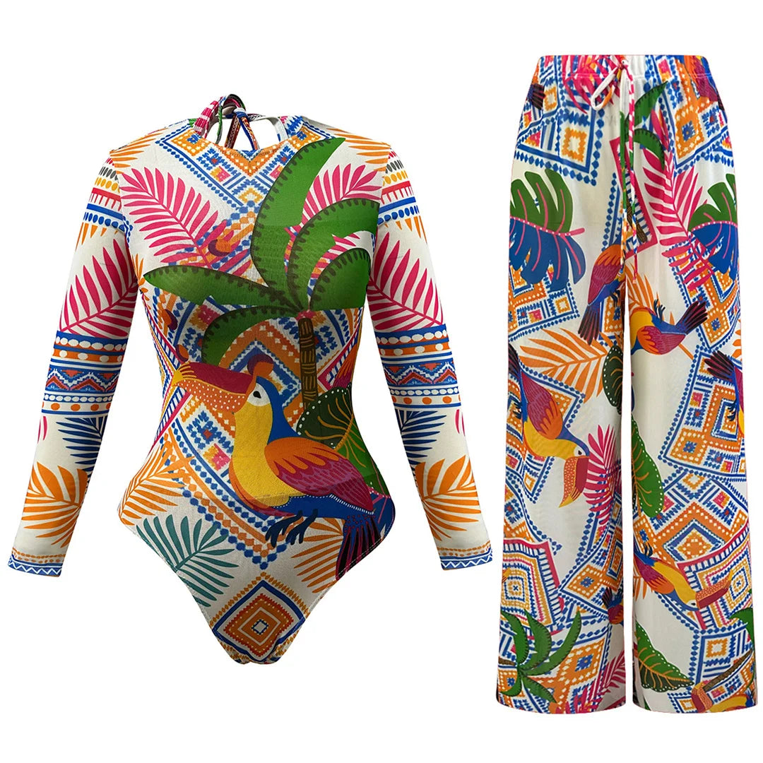 Damen-Badeanzug Print Langarm Sarong-Hose Set gepolstert