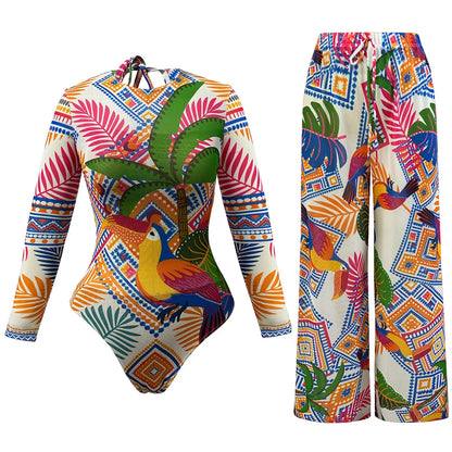Damen-Badeanzug Print Langarm Sarong-Hose Set gepolstert