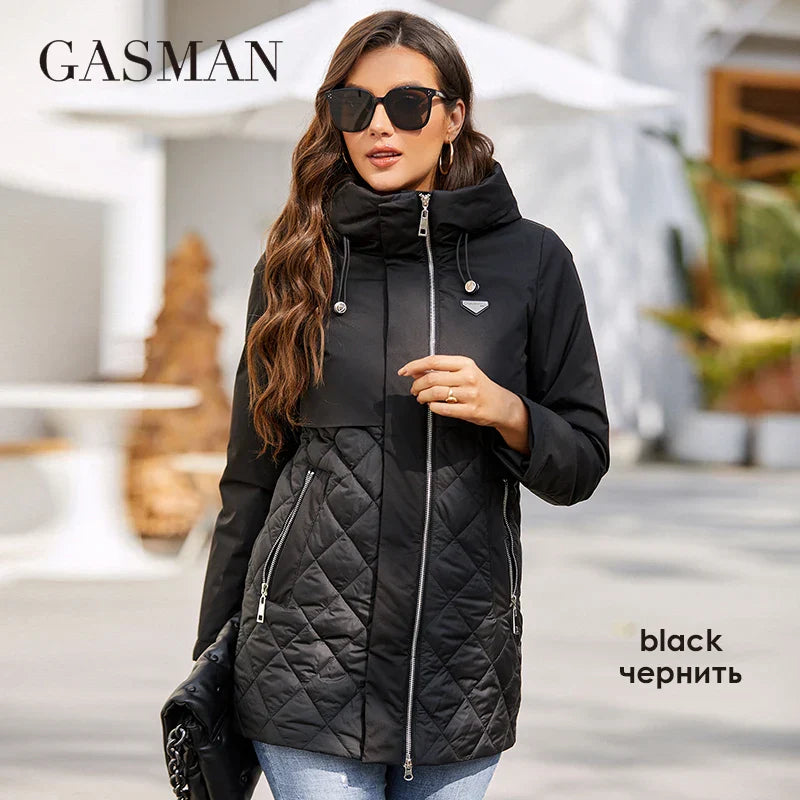 Lange Damen-Daunenjacke mit Reißverschluss, Gürtel und Kapuze – schlanker Parka mit Taschen