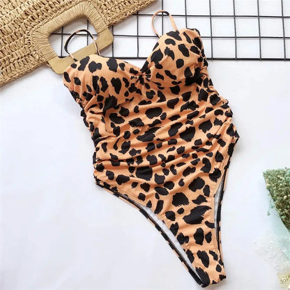 Damen-Badeanzug Leopard Push-Up Bandeau High-Cut gepolstert
