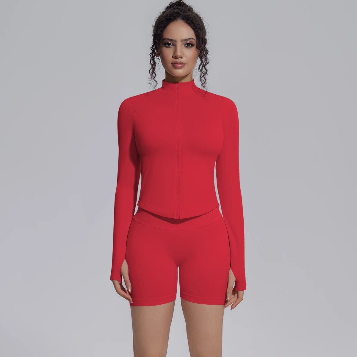Damen-Yogaset: nahtloses Langarm-Highneck-Top & Biker-Shorts, rot