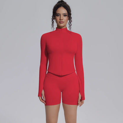 Damen-Yogaset: nahtloses Langarm-Highneck-Top & Biker-Shorts, rot