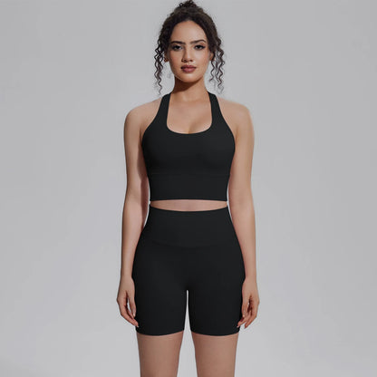 Damen-Yoga-Set: Top und kurze Leggings in tiefem Schwarz