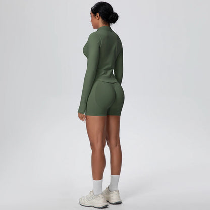 Damen Yoga-Set 3-teilig, olivgrün: Langarmoberteil und Shorts, Rückansicht
