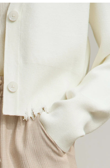 Damen-Strickjacke V-Ausschnitt kurz Quaste locker Langarm Herbst