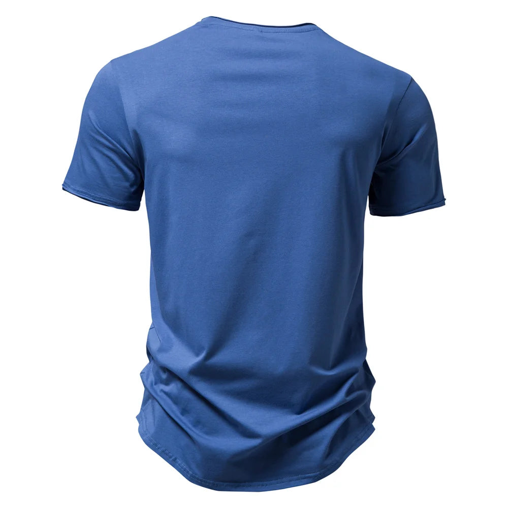 Herren-T-Shirt aus reiner Baumwolle, dunkelblau, Rückansicht mit Rundhalsausschnitt