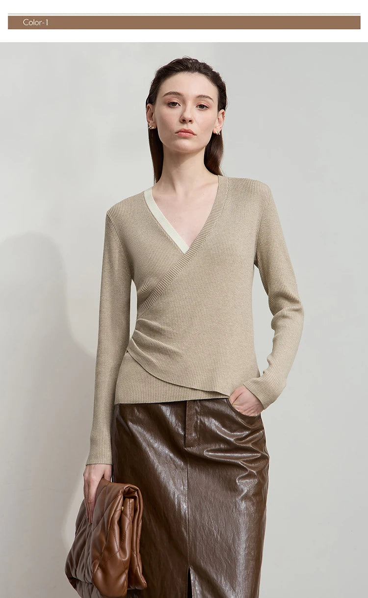 Damenpullover mit V-Ausschnitt, langarm, beige Strickoptik